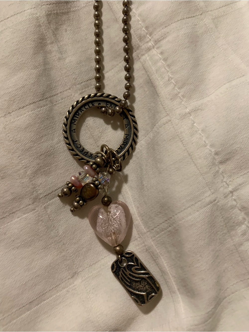 Bohemian Charm Necklace with Pink Glass Heart and Pink and Silver-Plated Beads